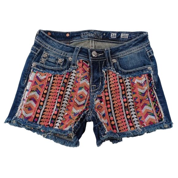 Miss Me JK6364H Girls Size 16 Raw Hem Colorful Sequined Shorts - Picture 3 of 13